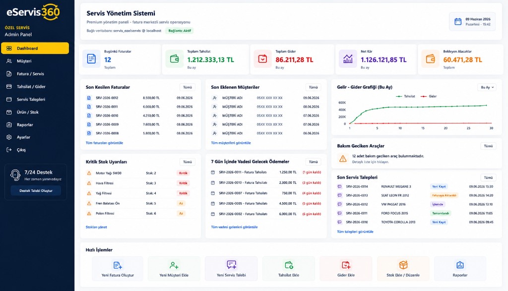 eServis360 oto servis programı dashboard ekranı